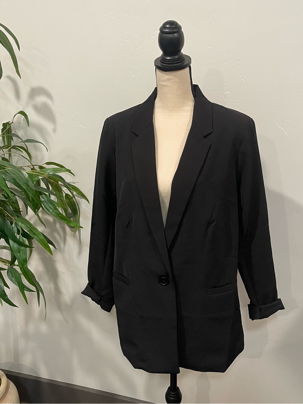 Simply Vera Vera Wang Women's Black L One-Button Lined Stretch Long Blazer